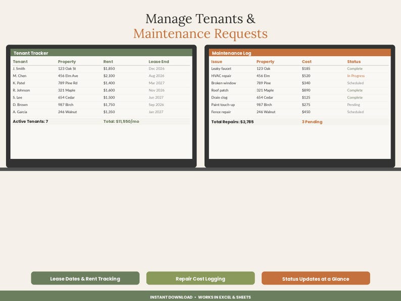 Spreadsheet voor het bijhouden van huurwoningen 2026 | Dashboard voor inkomsten en uitgaven van verhuurders | Excel- en Google Sheets-overzicht voor meerdere vastgoedobjecten afbeelding 4