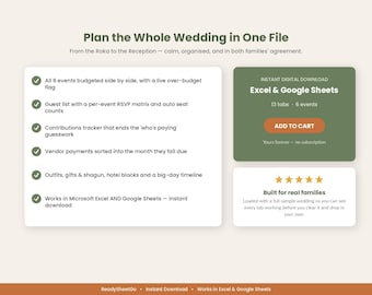 Modèle de tableur pour l'organisation de mariages sud-asiatiques | Budget multi-événements, liste des invités, suivi des prestataires (Téléchargement numérique)
