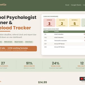 School Psychologist Planner Spreadsheet Template Excel Google Sheets | IEP 504 Evaluation Tracker, Caseload Dashboard, Referral Log