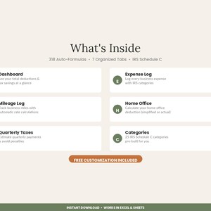 Puede incluir: Una plantilla de hoja de c&aacute;lculo digital titulada What's Inside con 318 f&oacute;rmulas autom&aacute;ticas y 7 pesta&ntilde;as. Enumera secciones para Dashboard, Expense Log, Mileage Log, Home Office, Quarterly Taxes y Categories con un bot&oacute;n de Free Customization Included.