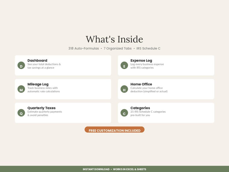 Puede incluir: Una plantilla de hoja de c&aacute;lculo digital titulada What's Inside con 318 f&oacute;rmulas autom&aacute;ticas y 7 pesta&ntilde;as. Enumera secciones para Dashboard, Expense Log, Mileage Log, Home Office, Quarterly Taxes y Categories con un bot&oacute;n de Free Customization Included.