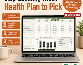 Open Enrollment Spreadsheet Template Excel Google Sheets | Health Insurance Plan Comparison, HSA FSA Calculator, Benefits Decision Tool