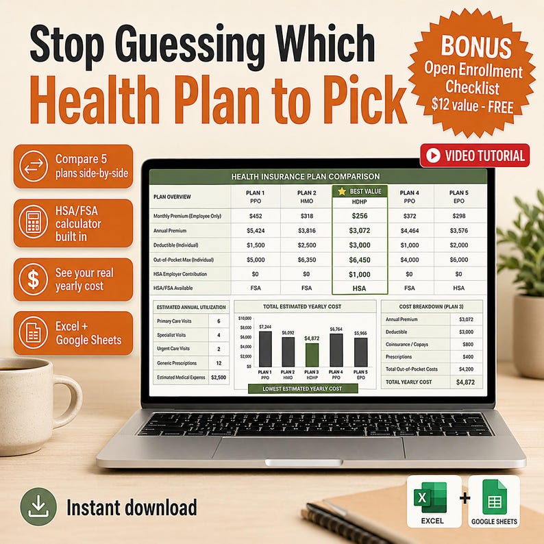 Open Enrollment Spreadsheet Template Excel Google Sheets | Health Insurance Plan Comparison, HSA FSA Calculator, Benefits Decision Tool image 1