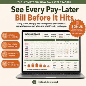 Buy Now Pay Later Tracker Spreadsheet | BNPL Payment Tracker Excel Google Sheets | Klarna Afterpay Affirm PayPal Installment Pay Schedule image 1