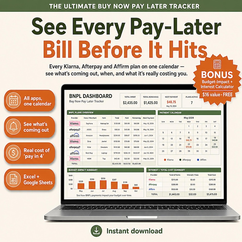 Buy Now Pay Later Tracker Spreadsheet | BNPL Payment Tracker Excel Google Sheets | Klarna Afterpay Affirm PayPal Installment Pay Schedule image 1