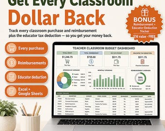 Teacher Budget Spreadsheet | Classroom Budget & Supply Inventory Tracker, Teacher Expense Tax Deduction | Back to School Excel Google Sheets