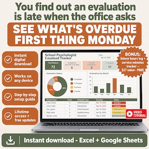 May include: A digital School Psychologist Caseload Tracker displayed on a laptop screen, featuring data tables, a pie chart, and a bar graph. The interface includes columns for student names, grades, evaluation types, due dates, and status indicators.