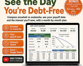 Debt Snowball Avalanche Calculator Spreadsheet | Debt Payoff Tracker (Excel Google Sheets) | Credit Card Payoff, Debt Free Plan