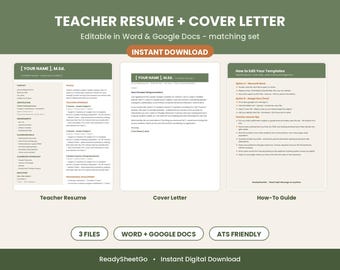 Teacher Resume Template Word Google Docs | Educator CV & Matching Cover Letter | Elementary Teaching, ATS Editable