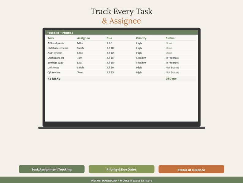 May include: A digital task tracking template displayed on a screen with the title Track Every Task & Assignee. The table includes columns for Task, Assignee, Due, Priority, and Status, with rows listing specific project items and team members.