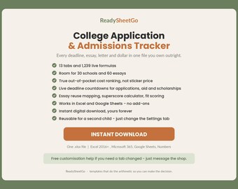 College Application Tracker Spreadsheet Template Excel Google Sheets | Admissions Deadline Planner, Essay Tracker, College Comparison