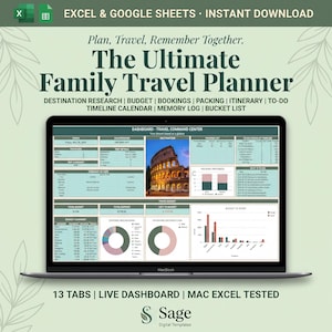 Puede incluir: Una pantalla de portátil muestra una plantilla de planificador de viajes familiares. La pantalla muestra un panel con secciones para la investigación de destinos, presupuesto, reservas, embalaje e itinerario. El texto en la parte superior dice "The Ultimate Family Travel Planner."