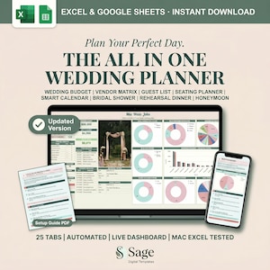 May include: A digital wedding planner displayed on a laptop and smartphone. The planner includes a budget, vendor matrix, guest list, and seating planner. Text includes "THE ALL IN ONE WEDDING PLANNER" and "Plan Your Perfect Day."