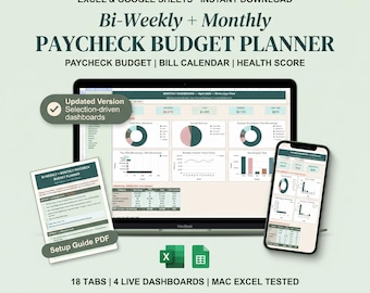 Bi-Weekly Monthly Paycheck Budget Planner | Excel Google Sheets Spreadsheet (Digital Download)