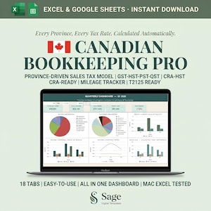 May include: A laptop screen shows Canadian bookkeeping software with charts and graphs. The software is for Excel and Google Sheets, with a province-driven sales tax model and mileage tracker. The screen displays a quarterly dashboard with financial data.