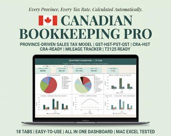 Canadian Bookkeeping Tracker Spreadsheet: Income Expense, CRA Tax, Mileage, T2125 (Google Sheets Excel)
