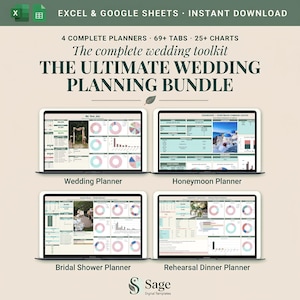 Puede incluir: Un paquete digital de planificación de bodas para Excel y Google Sheets con cuatro planificadores: boda, luna de miel, despedida de soltera y cena de ensayo. La interfaz incluye 69 pestañas y 25 gráficos con visualizaciones y paneles de control.