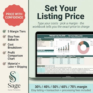Op de afbeelding: Een laptopscherm toont een prijscalculator met grafieken en tabellen. De tekst luidt "Set Your Listing Price" en "30% / 40% / 50% / 60% / 70% margin". De afbeelding promoot Etsy-listing- en transactiekosten.