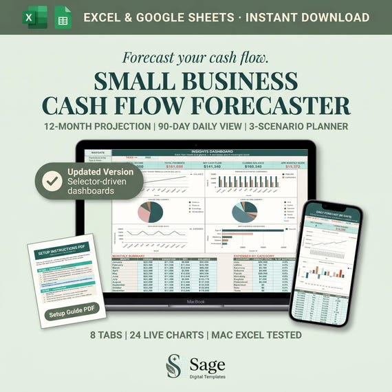 Small Business Cash Flow Forecaster (Google Sheets, Excel)
