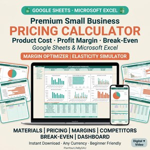 Small Business Pricing Calculator Spreadsheet Excel Google Sheets Product Cost Tracker Profit Margin Break-Even Competitor Pricing Strategy