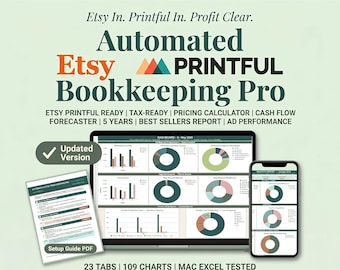 Automated Etsy Printiful Bookkeeping Pro: Income Expense Tracker, Pricing, Cash Flow, Tax, Schedule C (Google Sheets Excel)