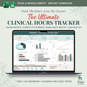 May include: A digital clinical hours tracker spreadsheet displayed on a laptop screen. The dashboard features charts, graphs, and tables tracking licensure progress, including hours by supervisor, activity type, and monthly totals with a 2,000-row log.