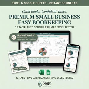 Puede incluir: Anuncio de software de contabilidad para pequeñas empresas. La imagen muestra una computadora portátil, un teléfono inteligente y una guía de configuración impresa que muestra gráficos. El texto incluye "Premium Small Business Easy Bookkeeping" y "Excel & Google Sheets - Instant Download."