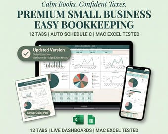 May include: An advertisement for small business bookkeeping software. The image shows a laptop, smartphone, and a printed setup guide displaying charts and graphs. Text includes "Premium Small Business Easy Bookkeeping" and "Excel & Google Sheets - Instant Download."