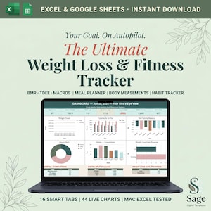 May include: A digital weight loss and fitness tracker template for Excel and Google Sheets displayed on a laptop screen. The dashboard features charts for weight trends, calorie balance, macro splits, and habit tracking with a sage green background.