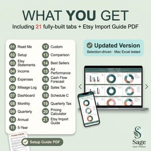 Op de afbeelding: Een digitale productweergave met de tekst "WHAT YOU GET" en een lijst met 21 tabbladen, waaronder "Etsy Statements" en "Income". Een laptop en smartphone tonen grafieken. De tekst "Updated Version" is ook zichtbaar.