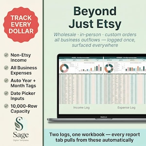 Op de afbeelding: Een laptopscherm toont een spreadsheet met inkomsten- en uitgavenlogboeken. De tekst "Beyond Just Etsy" en "Track Every Dollar" zijn zichtbaar. Functies zijn onder meer het volgen van niet-Etsy-inkomsten, automatische jaar- en maandtags en een capaciteit van 10.000 rijen.