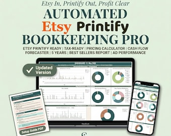 Automated Etsy Printify Bookkeeping Pro: Income Expense Tracker, Pricing, Cash Flow, Tax, Schedule C (Google Sheets Excel)