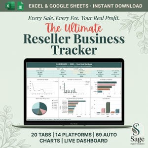 May include: A laptop screen displaying The Ultimate Reseller Business Tracker dashboard for Excel and Google Sheets. The interface features data tables, line graphs, bar charts, and a pie chart showing financial metrics, sales, and inventory data.