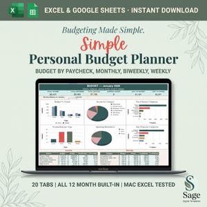 Peut inclure: Un modèle de planificateur budgétaire personnel numérique pour Excel et Google Sheets affiché sur un écran d'ordinateur portable. L'interface présente des graphiques et des tableaux pour suivre les revenus, les dépenses et l'épargne par période.