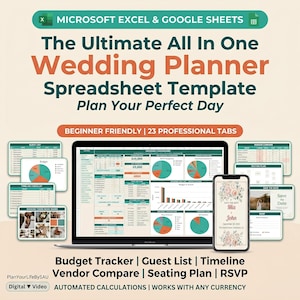 Puede incluir: Una plantilla de hoja de cálculo digital para planificador de bodas que se muestra en una computadora portátil y un teléfono inteligente. La plantilla incluye seguimiento de presupuesto, lista de invitados, cronograma, comparación de proveedores, plano de asientos y funciones RSVP. El texto dice "The Ultimate All In One Wedding Planner".