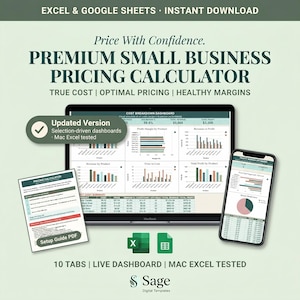 May include: An advertisement for a premium small business pricing calculator. The image shows a laptop, a smartphone, and a setup guide PDF. The text includes "Price With Confidence" and "Excel & Google Sheets - Instant Download."
