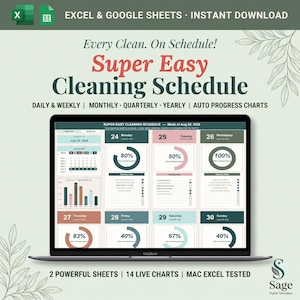 May include: A laptop screen displaying a Super Easy Cleaning Schedule spreadsheet with daily, weekly, monthly, and yearly tabs. The interface features progress charts, task lists, and calendar views in shades of green, pink, and cream.