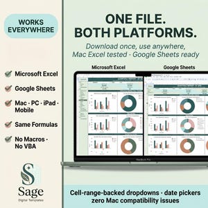 Op de afbeelding: Een laptopscherm toont een financieel rapport in Microsoft Excel en Google Sheets. Tekst luidt: "&Eacute;&Eacute;N BESTAND. BEIDE PLATFORMS." en "WERKT OVERAL." Het logo van Sage Digital Templates staat onderaan. De afbeelding benadrukt compatibiliteit.