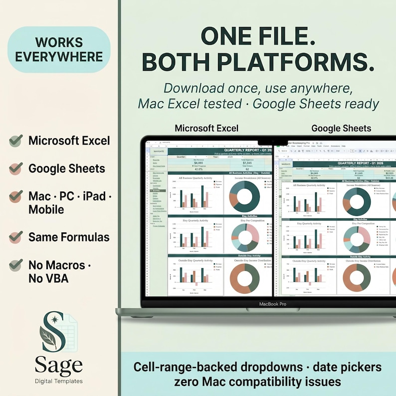 Op de afbeelding: Een laptopscherm toont een financieel rapport in Microsoft Excel en Google Sheets. Tekst luidt: "&Eacute;&Eacute;N BESTAND. BEIDE PLATFORMS." en "WERKT OVERAL." Het logo van Sage Digital Templates staat onderaan. De afbeelding benadrukt compatibiliteit.