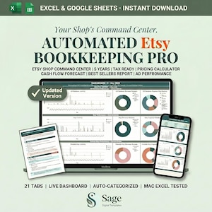 Op de afbeelding: Advertentie voor een geautomatiseerd Etsy boekhoudprogramma. De afbeelding toont een laptop, een smartphone en een afgedrukt document met financi&euml;le gegevens. De tekst bevat "AUTOMATED Etsy BOOKKEEPING PRO" en "21 TABS | LIVE DASHBOARD | AUTO-CATEGORIZED | MAC EXCEL TESTED."