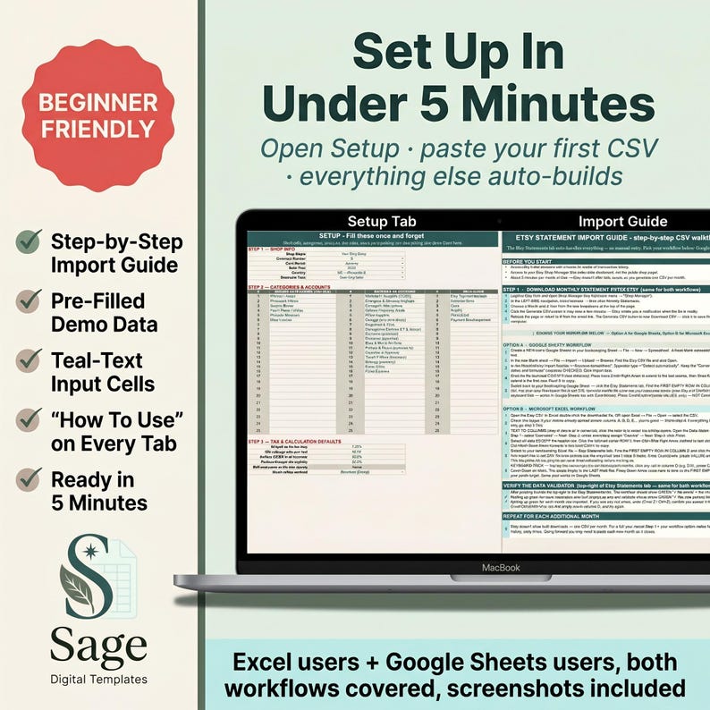 Op de afbeelding: Een laptopscherm toont een spreadsheet met de tekst "Set Up In Under 5 Minutes". De afbeelding bevat de tekst "Beginner Friendly", "Step-by-Step Import Guide" en "Sage Digital Templates". De spreadsheet is voor Excel- en Google Sheets-gebruikers.