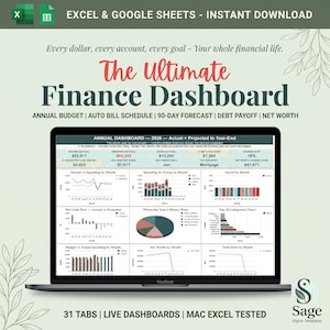 Może przedstawiać: Ekran laptopa wyświetlający The Ultimate Finance Dashboard dla Excel i Google Sheets. Interfejs zawiera roczny pulpit nawigacyjny z wykresami finansowymi i tabelami danych do śledzenia budżetu, zadłużenia i wartości netto. Tekst obejmuje Annual Budget, Auto Bill Schedule, 90-Day Forecast, Debt Payoff i Net Worth.