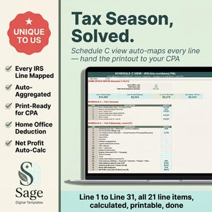 Op de afbeelding: Een laptopscherm toont een belastingformulier met financi&euml;le gegevens. De tekst luidt "Tax Season, Solved." Functies zijn onder meer IRS-lijntoewijzing, automatische aggregatie en aftrek voor thuiskantoor. De software is van Sage Digital Templates.