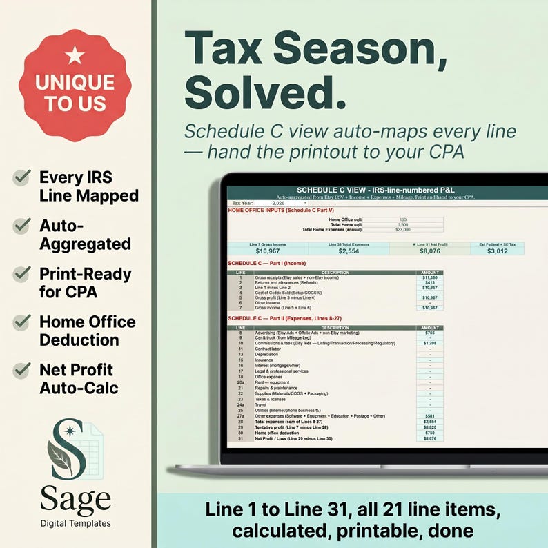 Op de afbeelding: Een laptopscherm toont een belastingformulier met financi&euml;le gegevens. De tekst luidt "Tax Season, Solved." Functies zijn onder meer IRS-lijntoewijzing, automatische aggregatie en aftrek voor thuiskantoor. De software is van Sage Digital Templates.