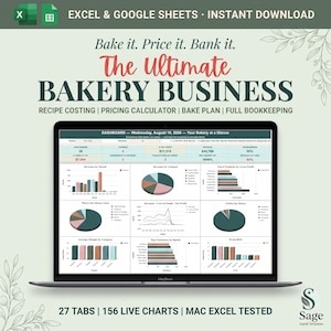 May include: A digital spreadsheet template for bakery business management, featuring a laptop screen displaying a dashboard with various charts, graphs, and financial data, titled The Ultimate Bakery Business, with 27 tabs and 156 live charts.