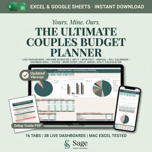 May include: A digital couples budget planner shown on a laptop, smartphone, and PDF setup guide. Features include live dashboards, bill split options, and savings goals. Text reads "The Ultimate Couples Budget Planner".