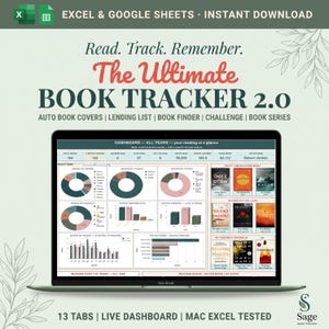 Peut inclure: Un tableur de suivi de lecture numérique affiché sur un écran d'ordinateur portable, intitulé The Ultimate Book Tracker 2.0. Le tableau de bord comprend divers graphiques, diagrammes et vignettes de couvertures pour suivre les statistiques.