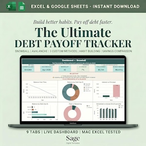 May include: A digital debt payoff tracker template for Excel and Google Sheets displayed on a laptop screen. The dashboard features a snowball method interface with data tables, a line graph, pie charts, and bar charts showing financial progress.