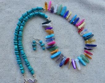 25 Inch Turquoise and Rainbow Stick Bead Necklace with Matching Earings