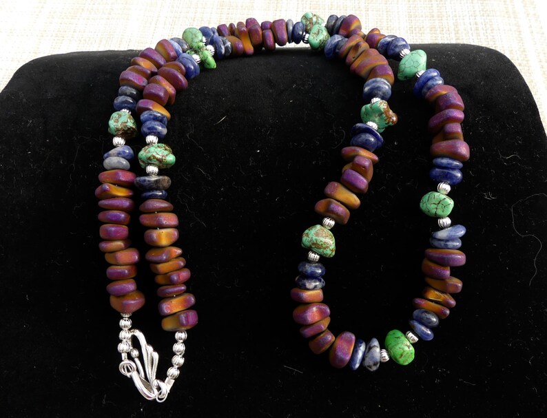 29 Inch Chunky Southwestern Matt Finish Purple Hematite and Green Turquoise Nugget Necklace with Earrings Blue Sodalite